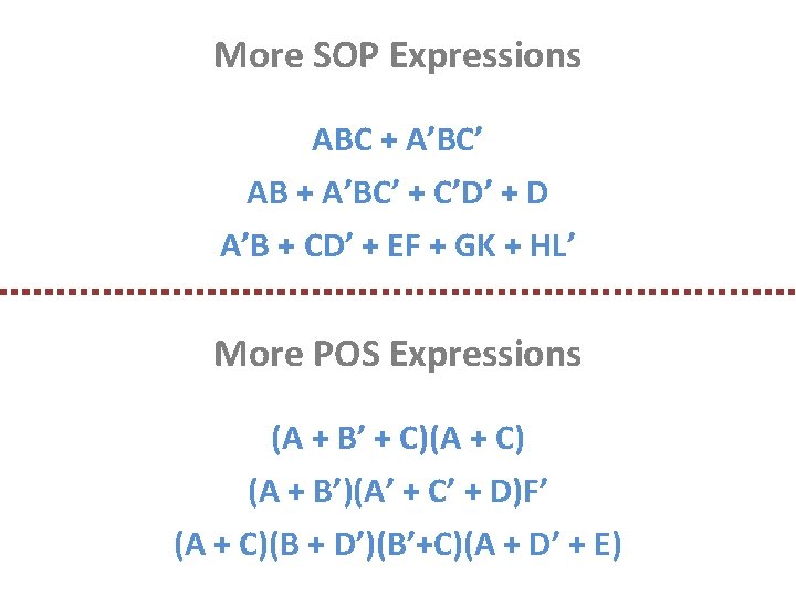 More SOP Expressions ABC + A’BC’ AB + A’BC’ + C’D’ + D A’B