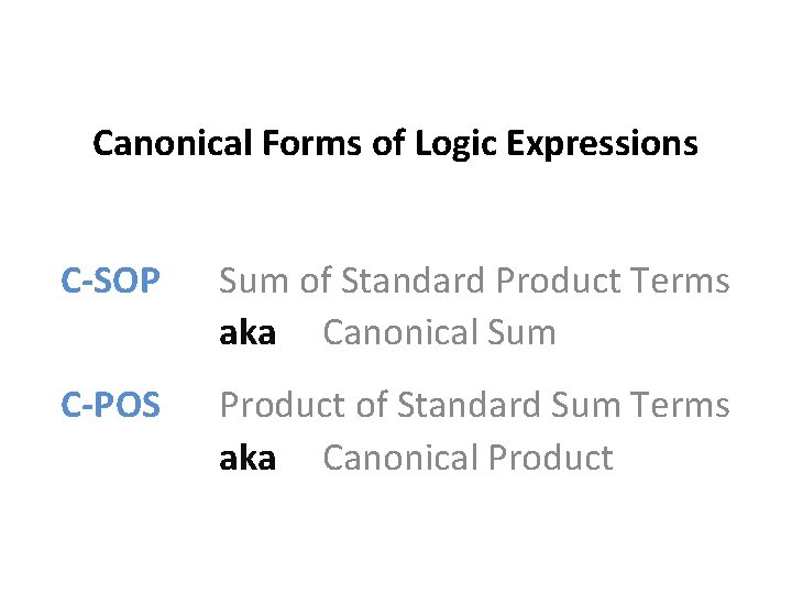 Canonical Forms of Logic Expressions C-SOP Sum of Standard Product Terms aka Canonical Sum