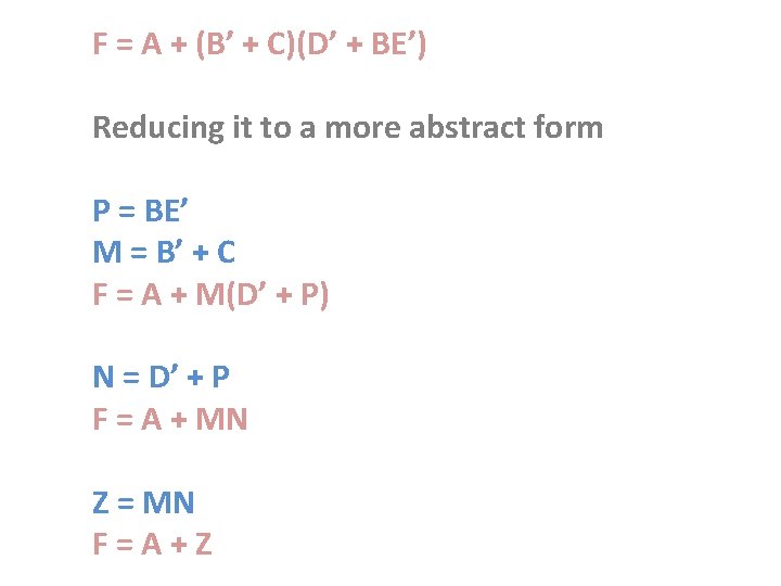 F = A + (B’ + C)(D’ + BE’) Reducing it to a more