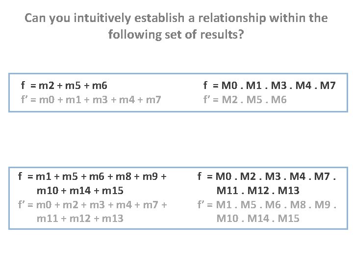 Can you intuitively establish a relationship within the following set of results? f =