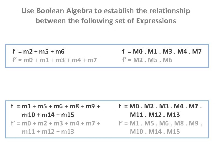 Use Boolean Algebra to establish the relationship between the following set of Expressions f