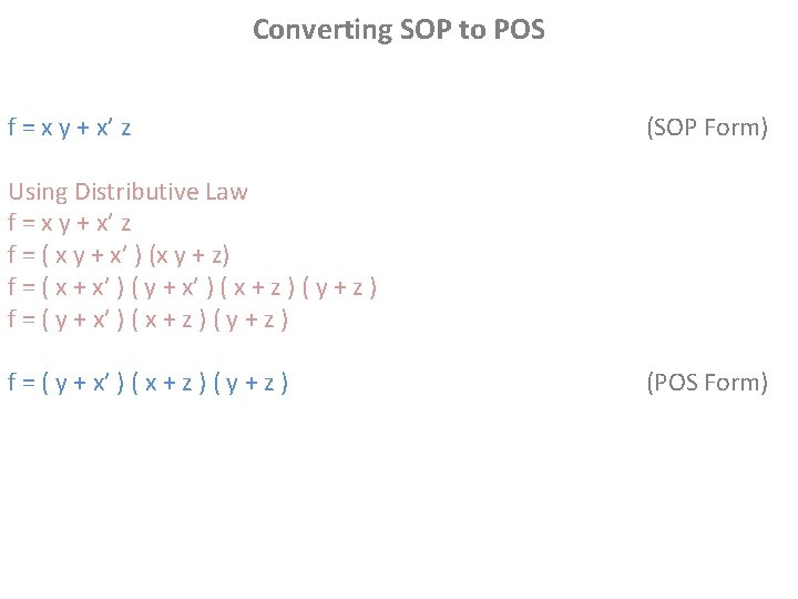 Converting SOP to POS f = x y + x’ z (SOP Form) Using