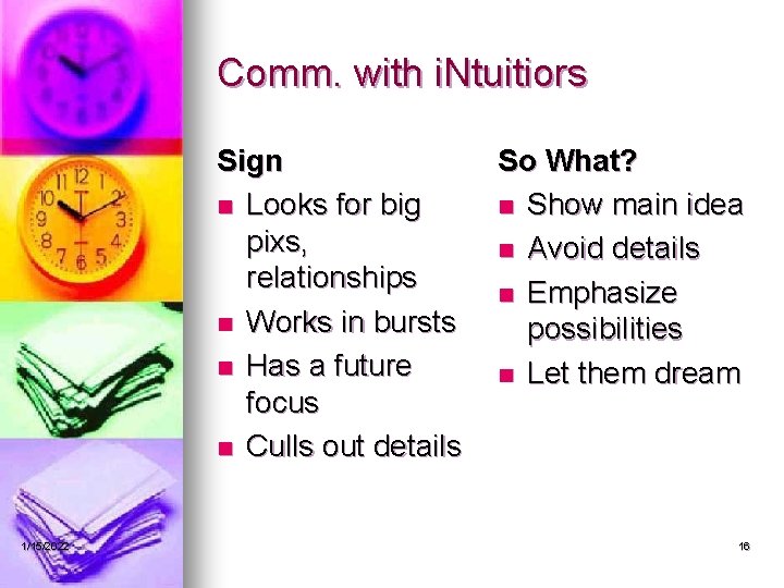 Comm. with i. Ntuitiors Sign n Looks for big pixs, relationships n Works in