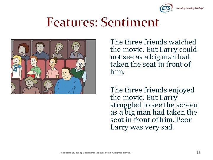 Features: Sentiment The three friends watched the movie. But Larry could not see as