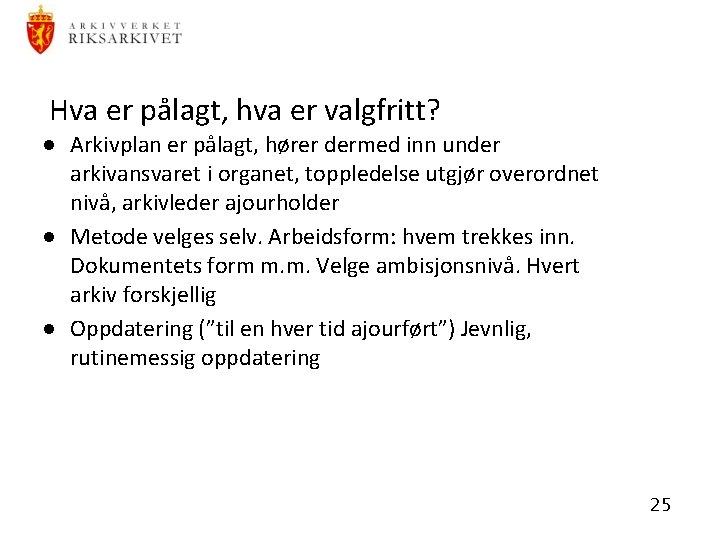 Hva er pålagt, hva er valgfritt? · Arkivplan er pålagt, hører dermed inn under