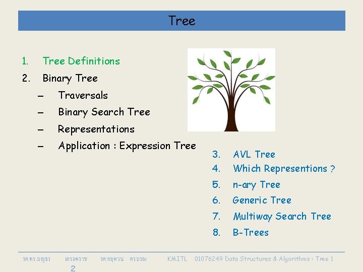 Tree 1. Tree Definitions 2. Binary Tree – Traversals – Binary Search Tree –