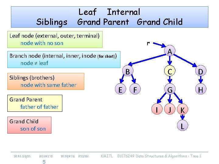 Siblings Leaf Internal Grand Parent Grand Child Leaf node (external, outer, terminal) node with