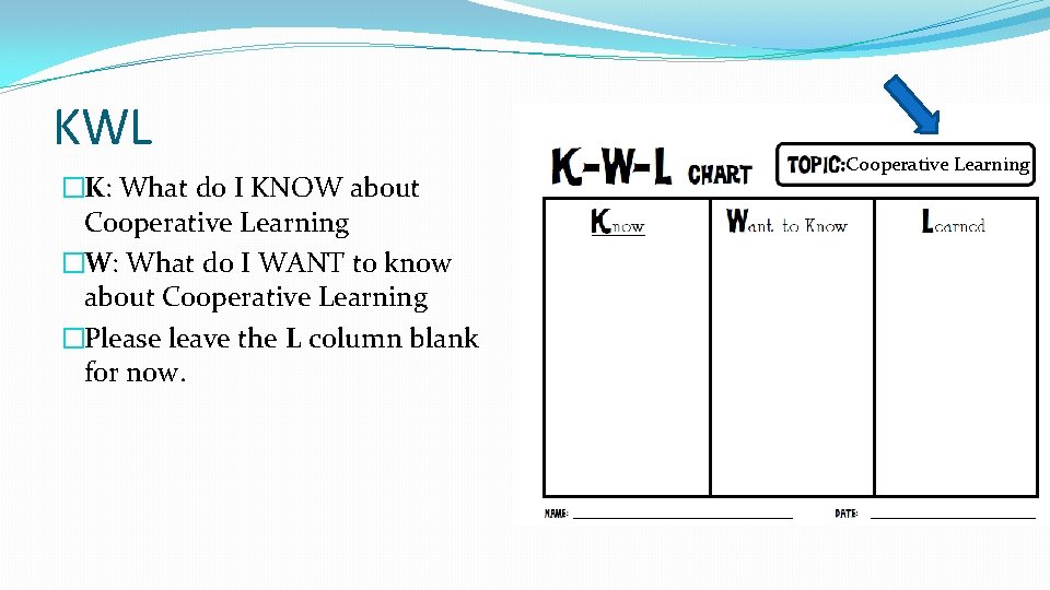 KWL �K: What do I KNOW about Cooperative Learning �W: What do I WANT