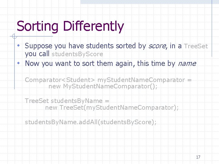 Sorting Differently • Suppose you have students sorted by score, in a Tree. Set Sorting Differently • Suppose you have students sorted by score, in a Tree. Set