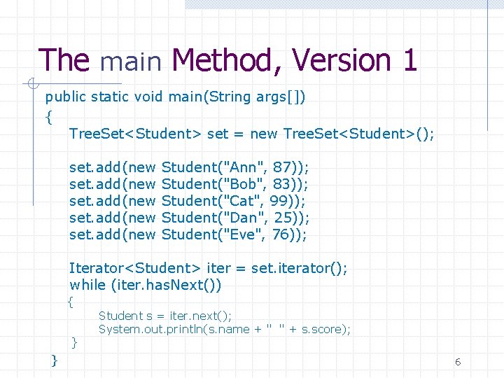 The main Method, Version 1 public static void main(String args[]) { Tree. Set<Student> set