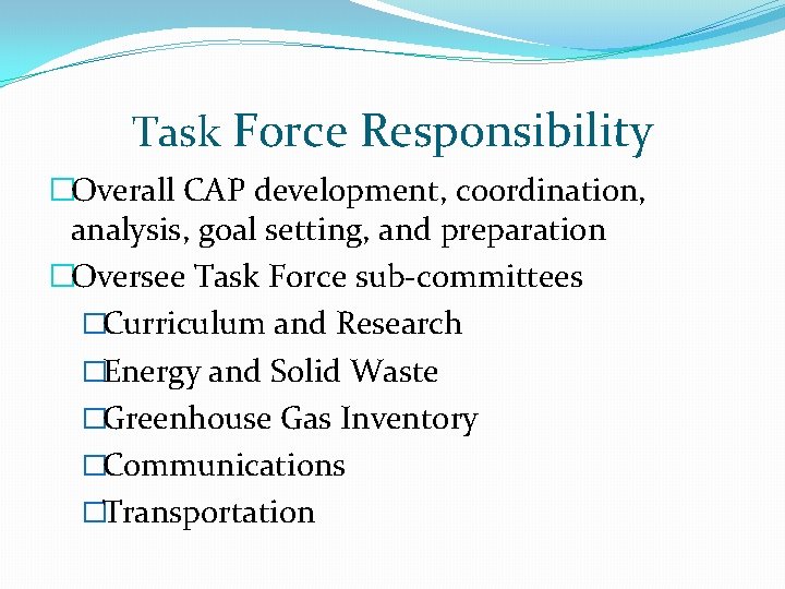 Task Force Responsibility �Overall CAP development, coordination, analysis, goal setting, and preparation �Oversee Task