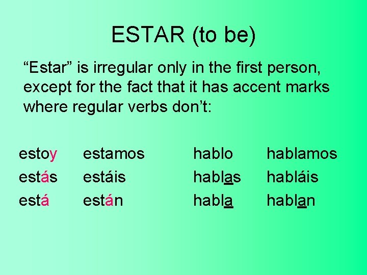 ESTAR (to be) “Estar” is irregular only in the first person, except for the