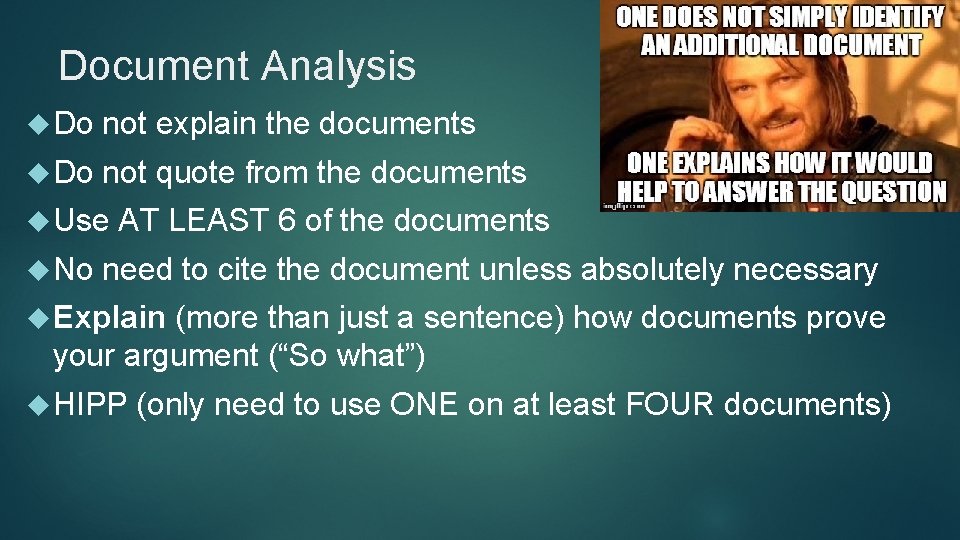 Document Analysis Do not explain the documents Do not quote from the documents Use