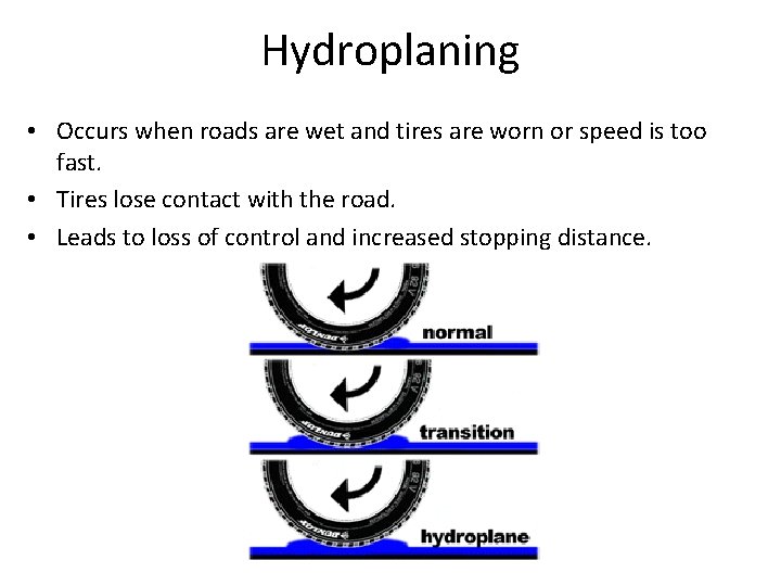 Hydroplaning • Occurs when roads are wet and tires are worn or speed is