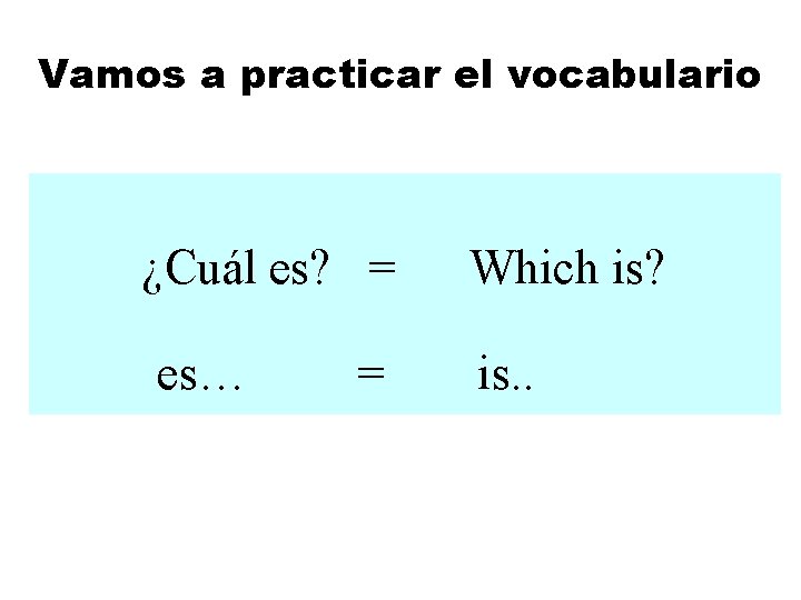 Vamos a practicar el vocabulario ¿Cuál es? = Which is? es… is. . =