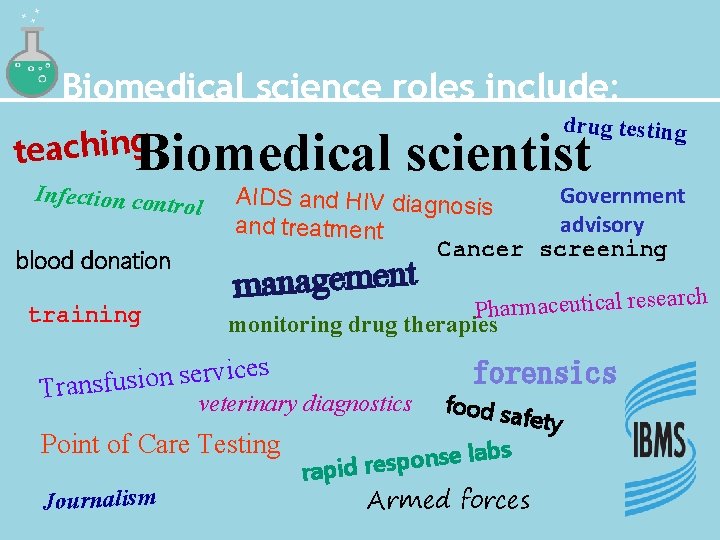 Biomedical science roles include: drug testing teaching Biomedical scientist Infection contr ol blood donation
