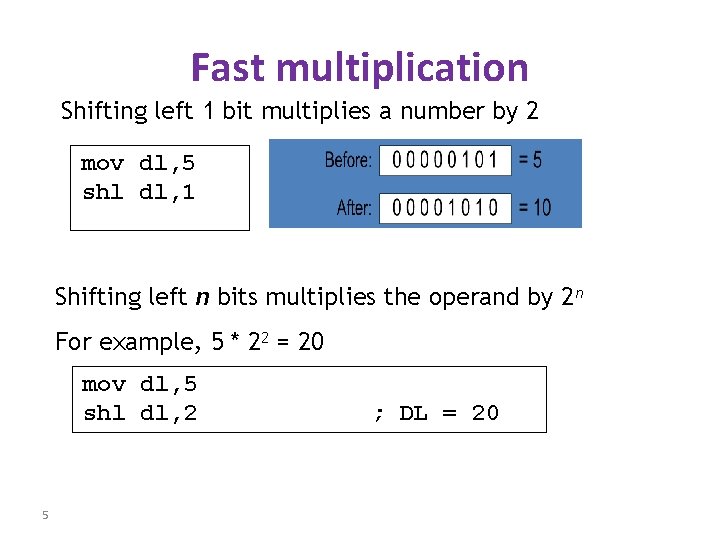 Fast multiplication Shifting left 1 bit multiplies a number by 2 mov dl, 5 Fast multiplication Shifting left 1 bit multiplies a number by 2 mov dl, 5