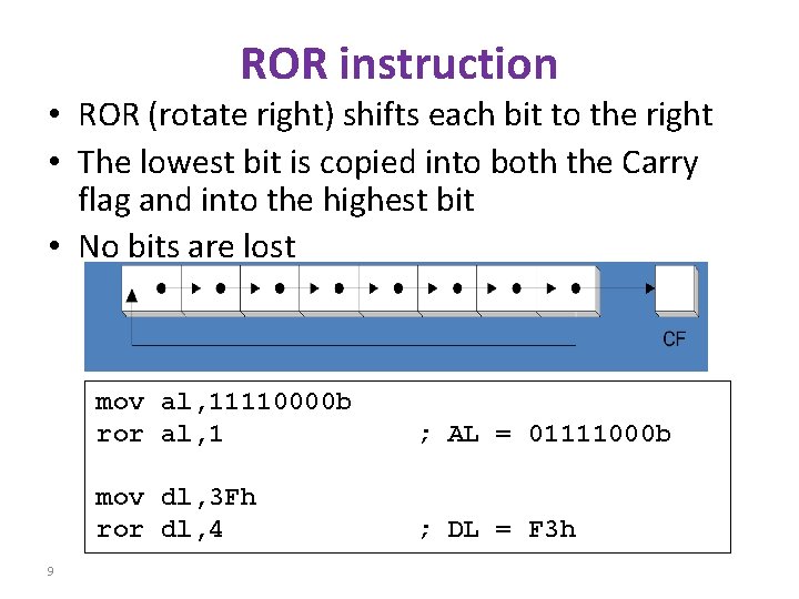 ROR instruction • ROR (rotate right) shifts each bit to the right • The ROR instruction • ROR (rotate right) shifts each bit to the right • The