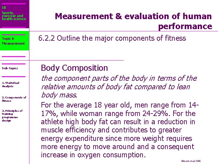 IB Sports, exercise and health science Topic 6 Measurement Sub-topics 1. Statistical Analysis 2.