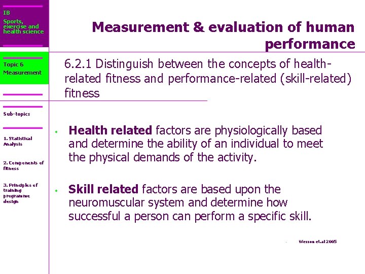 IB Sports, exercise and health science Measurement & evaluation of human performance 6. 2.