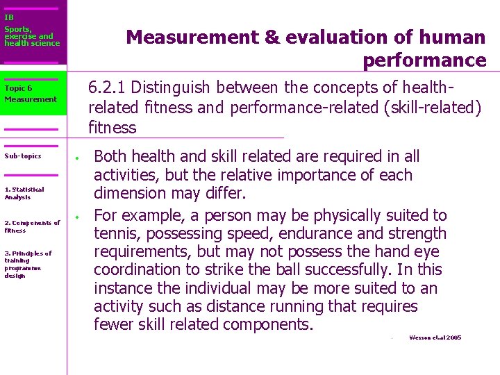 IB Sports, exercise and health science Measurement & evaluation of human performance 6. 2.