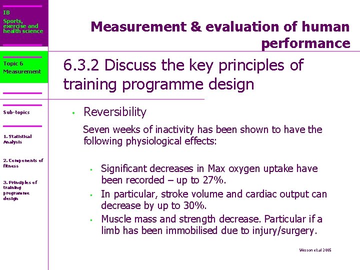 IB Sports, exercise and health science Topic 6 Measurement Sub-topics 1. Statistical Analysis 2.