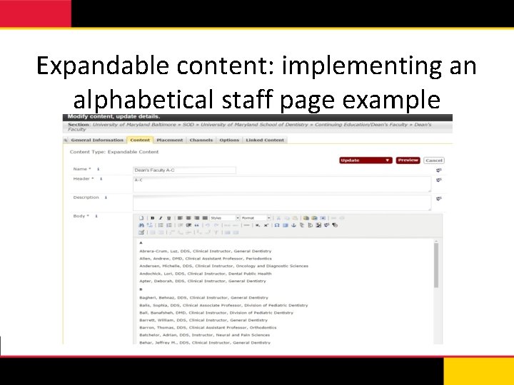 Expandable content: implementing an alphabetical staff page example 