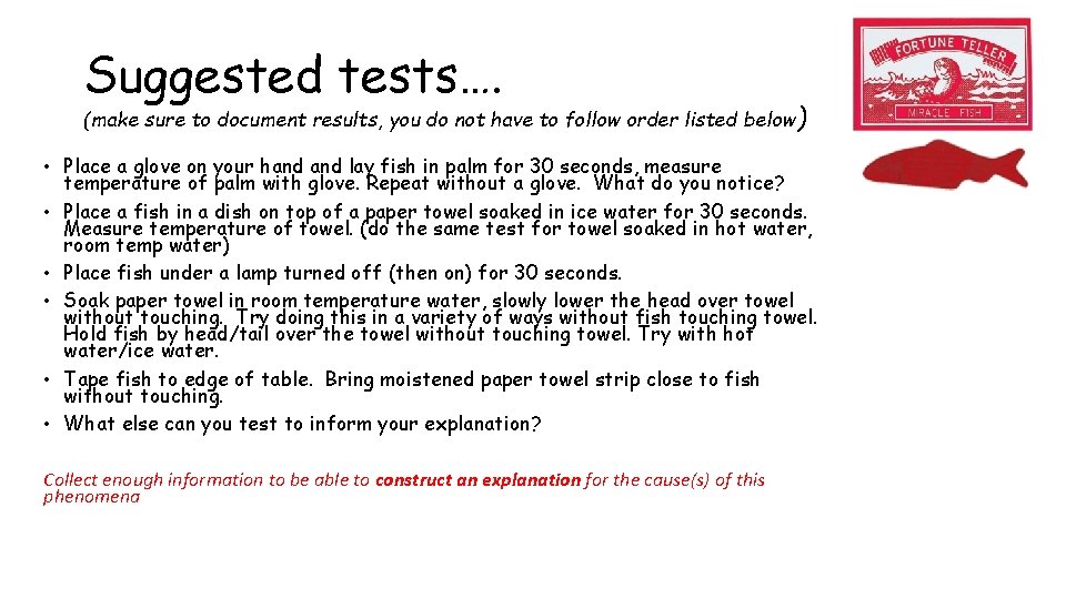 Suggested tests…. (make sure to document results, you do not have to follow order