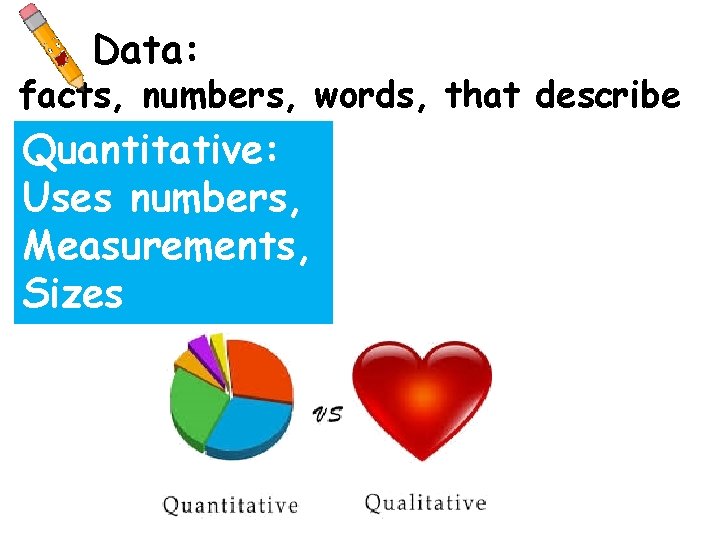 Data: facts, numbers, words, that describe Quantitative: Uses numbers, Measurements, Sizes 