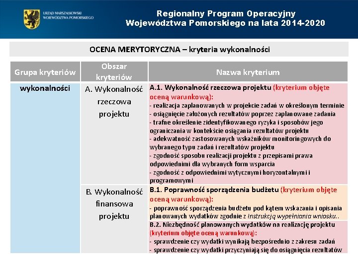 Regionalny Program Operacyjny Województwa Pomorskiego na lata 2014 -2020 OCENA MERYTORYCZNA – kryteria wykonalności