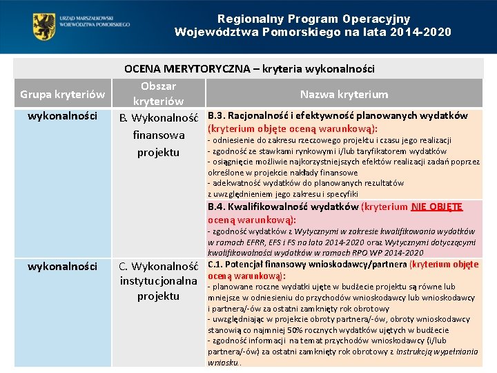 Regionalny Program Operacyjny Województwa Pomorskiego na lata 2014 -2020 Grupa kryteriów wykonalności OCENA MERYTORYCZNA