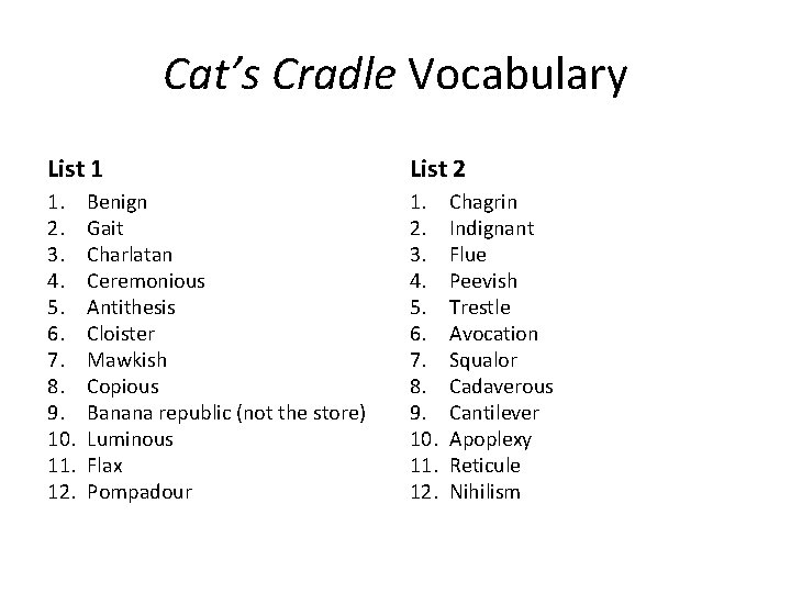 Cat’s Cradle Vocabulary List 1 List 2 1. 2. 3. 4. 5. 6. 7. Cat’s Cradle Vocabulary List 1 List 2 1. 2. 3. 4. 5. 6. 7.