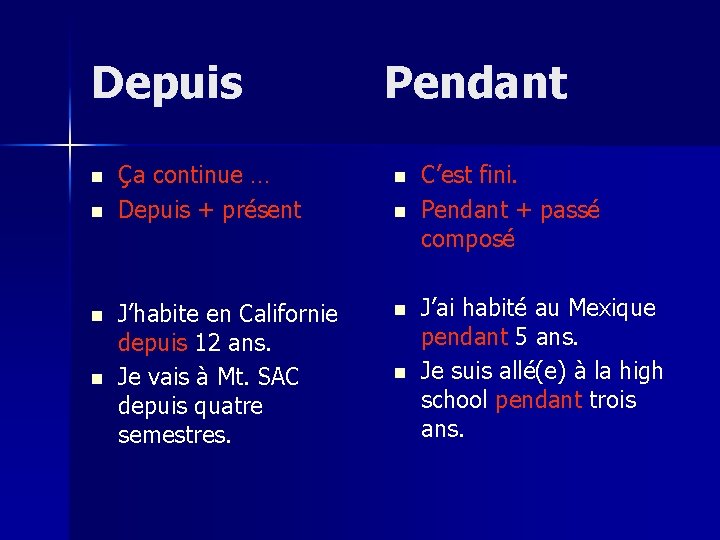 Depuis n n Pendant Ça continue … Depuis + présent n J’habite en Californie