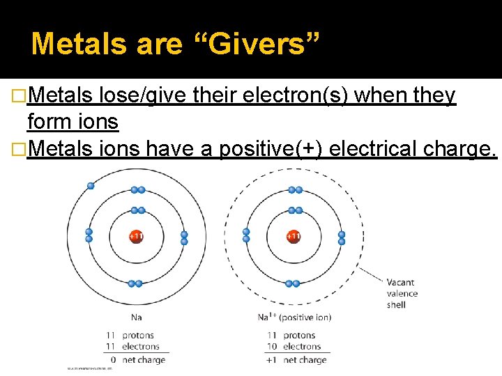 Metals are “Givers” �Metals lose/give their electron(s) when they form ions �Metals ions have