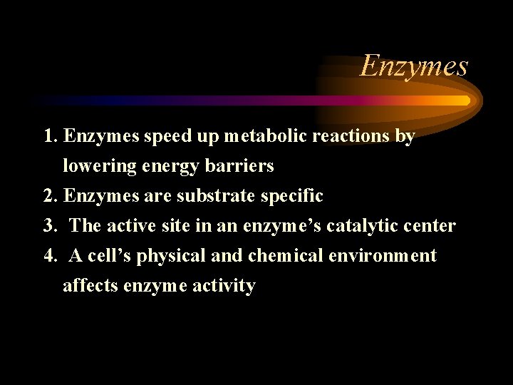 Enzymes 1. Enzymes speed up metabolic reactions by lowering energy barriers 2. Enzymes are