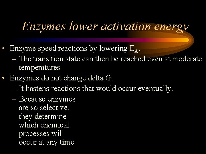 Enzymes lower activation energy • Enzyme speed reactions by lowering EA. – The transition