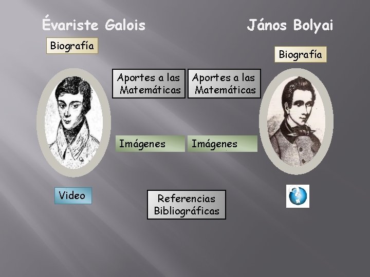 Évariste Galois János Bolyai Biografía Video Biografía Aportes a las Matemáticas Imágenes Referencias Bibliográficas