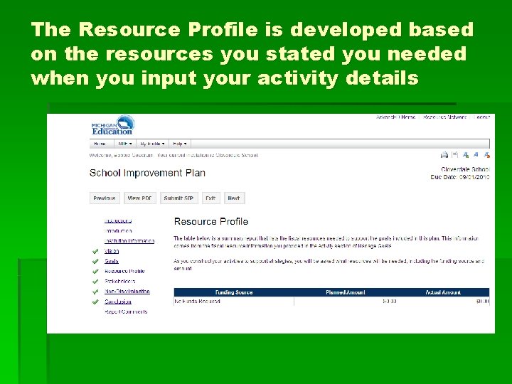The Resource Profile is developed based on the resources you stated you needed when