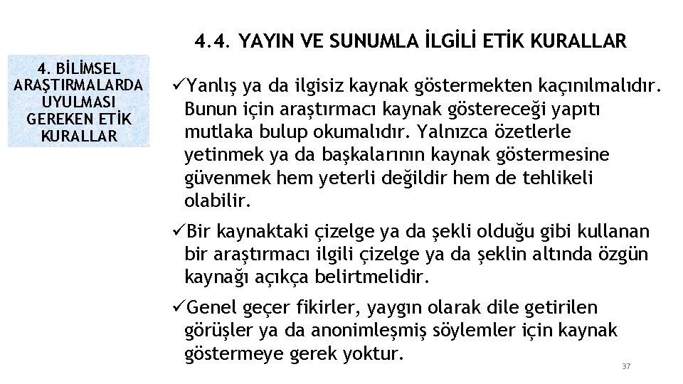 4. 4. YAYIN VE SUNUMLA İLGİLİ ETİK KURALLAR 4. BİLİMSEL ARAŞTIRMALARDA UYULMASI GEREKEN ETİK