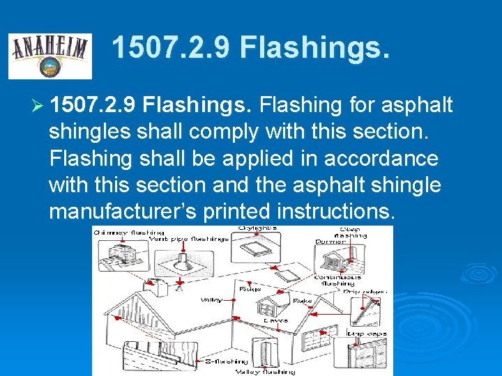 1507. 2. 9 Flashings. Ø 1507. 2. 9 Flashings. Flashing for asphalt shingles shall