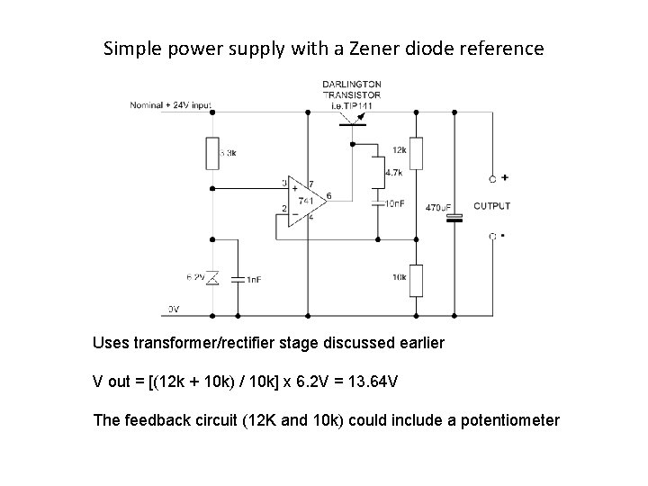 Simple power supply with a Zener diode reference Uses transformer/rectifier stage discussed earlier V