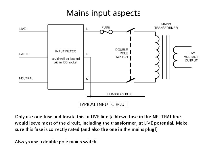 Mains input aspects TYPICAL INPUT CIRCUIT Only use one fuse and locate this in