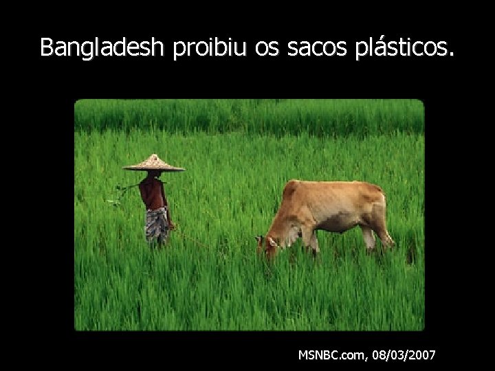 Bangladesh proibiu os sacos plásticos. MSNBC. com, 08/03/2007 