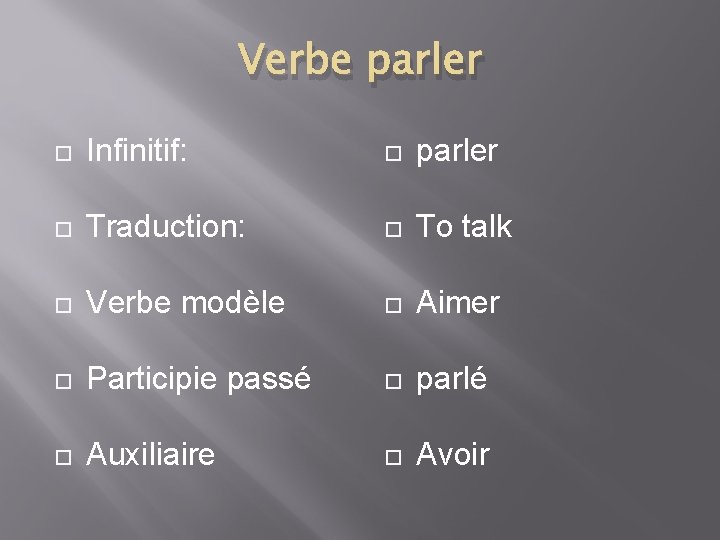Verbe parler Infinitif: parler Traduction: To talk Verbe modèle Aimer Participie passé parlé Auxiliaire