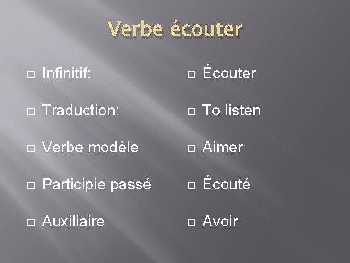 Verbe écouter Infinitif: Écouter Traduction: To listen Verbe modèle Aimer Participie passé Écouté Auxiliaire