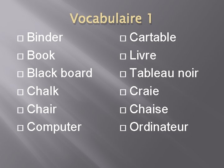 Vocabulaire 1 Binder Cartable Book Livre Black board Tableau noir Chalk Craie Chair Chaise