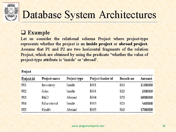 Database System Architectures q Example Let us consider the relational schema Project where project-type