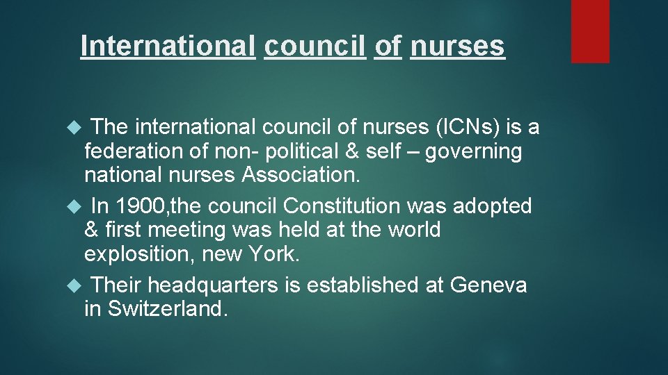 International council of nurses The international council of nurses (ICNs) is a federation of