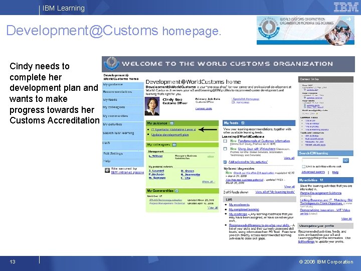 IBM Learning Development@Customs homepage. Cindy needs to complete her development plan and wants to