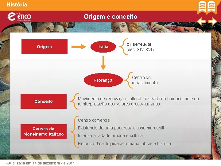 História Origem e conceito Origem Itália Florença Conceito Crise feudal (séc. XIV-XVI) Centro do